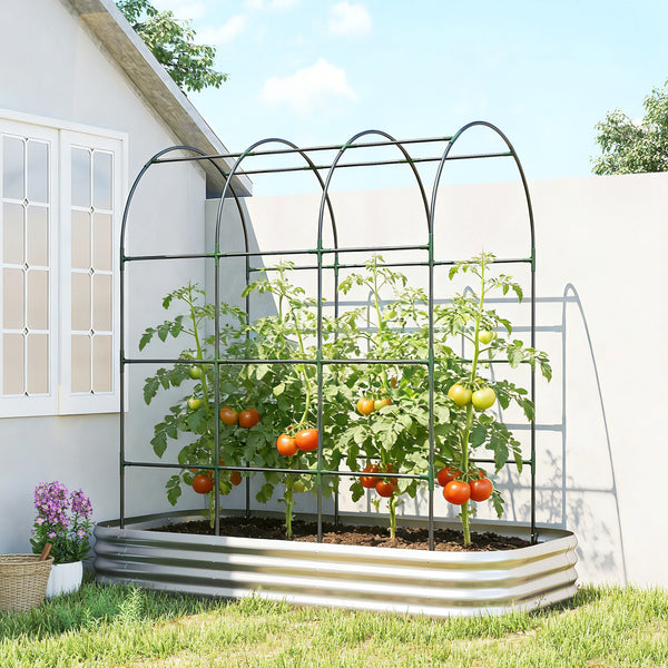 Galvanised Raised Garden Bed with Arched Trellis, 7 x 4 x 7ft Metal Outdoor Planter Box with Open Bottom Design, Modular Raised Bed with Gloves, Easy Assembly, Silver