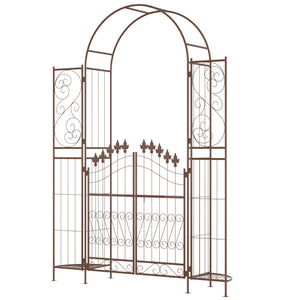 7' Metal Garden Arbor, Garden Arch with Gate, Fleur De Lis Motif, Latching Doors, Planter Shelves for Climbing Vines, Ceremony, Weddings, Party, Garden, Backyard, Lawn, Brown
