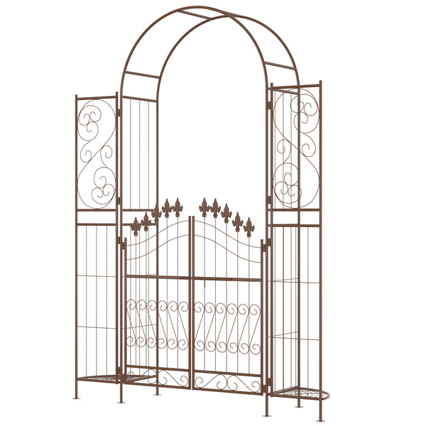 7' Metal Garden Arbor, Garden Arch with Gate, Fleur De Lis Motif, Latching Doors, Planter Shelves for Climbing Vines, Ceremony, Weddings, Party, Garden, Backyard, Lawn, Brown