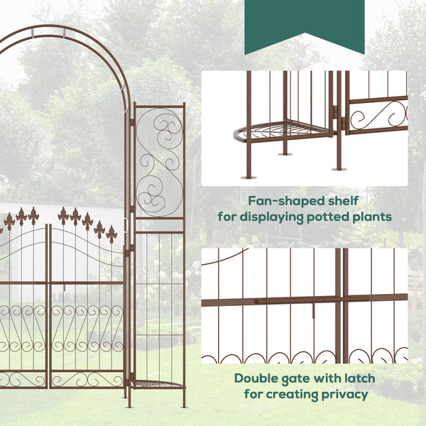 7' Metal Garden Arbor, Garden Arch with Gate, Fleur De Lis Motif, Latching Doors, Planter Shelves for Climbing Vines, Ceremony, Weddings, Party, Garden, Backyard, Lawn, Brown