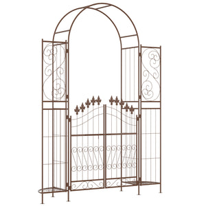 7' Metal Garden Arbor, Garden Arch with Gate, Fleur De Lis Motif, Latching Doors, Planter Shelves for Climbing Vines, Ceremony, Weddings, Party, Garden, Backyard, Lawn, Brown