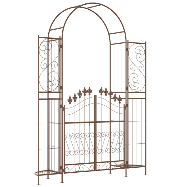 7' Metal Garden Arbor, Garden Arch with Gate, Fleur De Lis Motif, Latching Doors, Planter Shelves for Climbing Vines, Ceremony, Weddings, Party, Garden, Backyard, Lawn, Brown