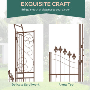 7' Metal Garden Arbor, Garden Arch with Gate, Fleur De Lis Motif, Latching Doors, Planter Shelves for Climbing Vines, Ceremony, Weddings, Party, Garden, Backyard, Lawn, Brown