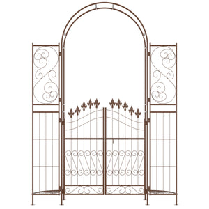 7' Metal Garden Arbor, Garden Arch with Gate, Fleur De Lis Motif, Latching Doors, Planter Shelves for Climbing Vines, Ceremony, Weddings, Party, Garden, Backyard, Lawn, Brown