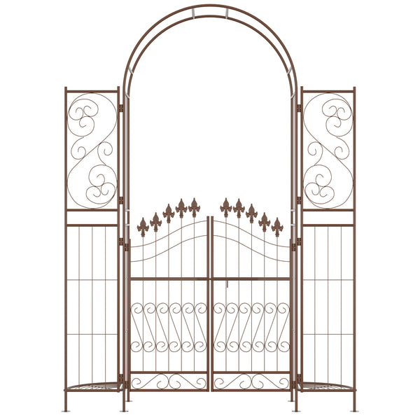 7' Metal Garden Arbor, Garden Arch with Gate, Fleur De Lis Motif, Latching Doors, Planter Shelves for Climbing Vines, Ceremony, Weddings, Party, Garden, Backyard, Lawn, Brown