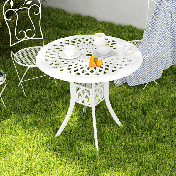 30-inch Round Patio Dining Table with Umbrella Hole Cast Aluminium Outdoor Bistro Table Only, White