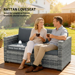 2 Seater Rattan Sofa, Outdoor Garden Sofa with Deep Seat, Cushions and Wide Armrests, All Weather Small Rattan Garden Furniture Loveseat for Patio, Balcony, Porch, Mixed Grey