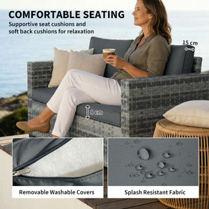 2 Seater Rattan Sofa, Outdoor Garden Sofa with Deep Seat, Cushions and Wide Armrests, All Weather Small Rattan Garden Furniture Loveseat for Patio, Balcony, Porch, Mixed Grey