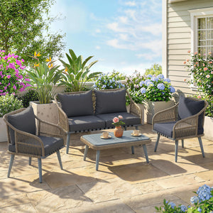 4 Piece Rattan Garden Furniture Set with Loveseat, 2 Armchairs, Acacia Wood Table, Steel Frame 4 Seater Wicker Patio Conversation Set with Thick Cushions for Outdoor, Grey