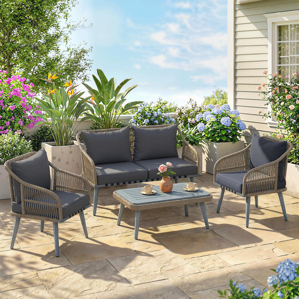 4 Piece Rattan Garden Furniture Set with Loveseat, 2 Armchairs, Acacia Wood Table, Steel Frame 4 Seater Wicker Patio Conversation Set with Thick Cushions for Outdoor, Grey