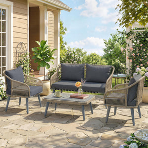 4 Piece Rattan Garden Furniture Set with Loveseat, 2 Armchairs, Acacia Wood Table, Steel Frame 4 Seater Wicker Patio Conversation Set with Thick Cushions for Outdoor, Grey