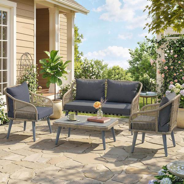 4 Piece Rattan Garden Furniture Set with Loveseat, 2 Armchairs, Acacia Wood Table, Steel Frame 4 Seater Wicker Patio Conversation Set with Thick Cushions for Outdoor, Grey