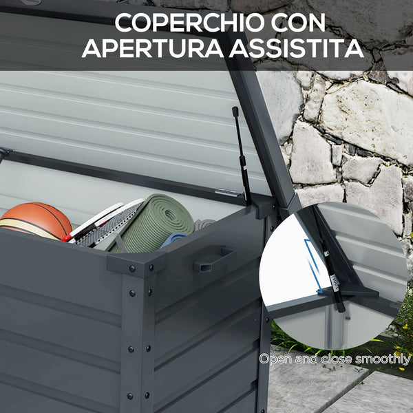 78 Gallon Garden Storage Box, Waterproof Outdoor Storage Container with Wheels and Handles, Lockable Galvanised Steel Outside Deck Box for Tools, Cushions, Dark Grey