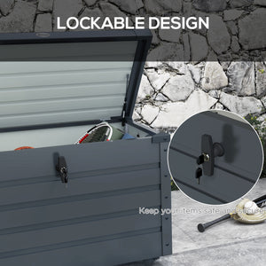 78 Gallon Garden Storage Box, Waterproof Outdoor Storage Container with Wheels and Handles, Lockable Galvanised Steel Outside Deck Box for Tools, Cushions, Dark Grey
