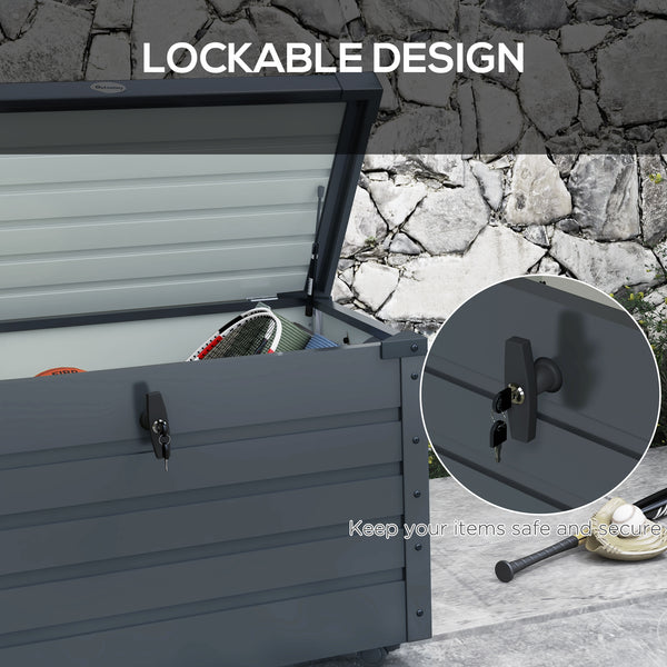 78 Gallon Garden Storage Box, Waterproof Outdoor Storage Container with Wheels and Handles, Lockable Galvanised Steel Outside Deck Box for Tools, Cushions, Dark Grey