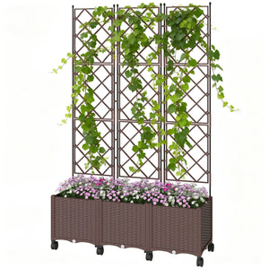Plastic Raised Planter with Trellis, Self Watering Raised Bed for Garden with Wheels, Drainage Holes and Plugs for Climbing Plants, Outdoor Elevated Planter Box for Vegetables Flowers Herbs