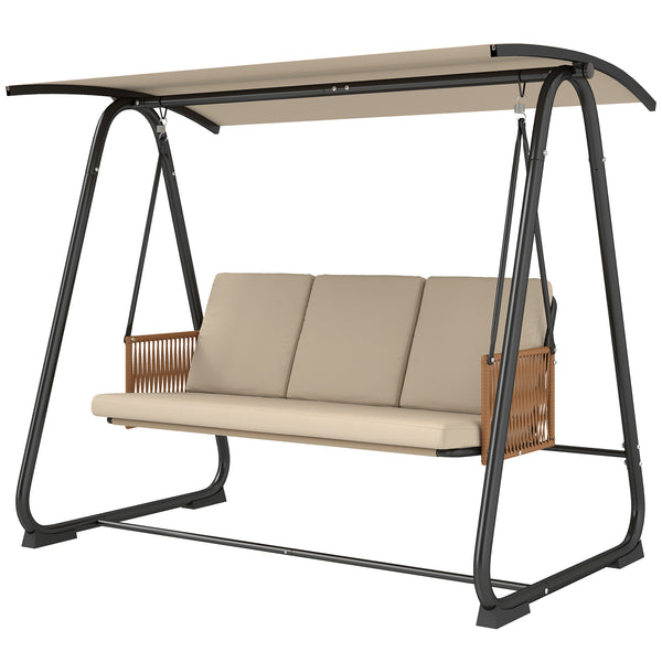 3 Seater Garden Swing Chair with Adjustable Tilting Canopy, 360 kg Capacity Garden Swing Seat Outdoor Hammock Bench with Breathable Texteline Seat, Zipped Cushions, Metal Frame, Sand Brown