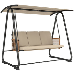 3 Seater Garden Swing Chair with Adjustable Tilting Canopy, 360 kg Capacity Garden Swing Seat Outdoor Hammock Bench with Breathable Texteline Seat, Zipped Cushions, Metal Frame, Sand Brown
