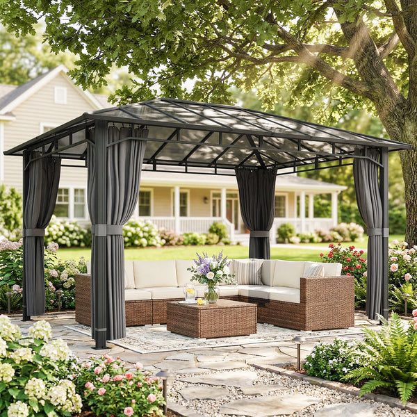 3 x 4 m Outdoor Hardtop Gazebo Canopy with Polycarbonate Roof, Waterproof Aluminium Permanent Pavilion Garden Gazebo Patio Shelter with Curtains, Dark Grey