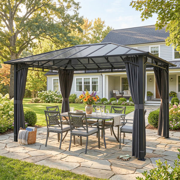 3 x 4 m Outdoor Hardtop Gazebo Canopy with Polycarbonate Roof, Waterproof Aluminium Permanent Pavilion Garden Gazebo Patio Shelter with Curtains, Dark Grey