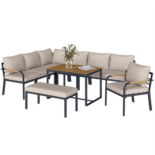 7 Seater Garden Furniture Set with 2 Loveseats, Armchair, 2 Armless Chairs, Footstool, Faux Wood Table, Metal Garden Sofa Set with Cushions, Outdoor Furniture Conversation Sets, Khaki