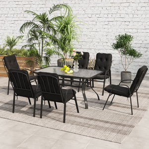 7 Pieces Garden Dining Set, Outdoor Rectangular Dining Table and 6 Cushioned Armchairs, Tempered Glass Top Table w/ Umbrella Hole, Texteline Seats, Black