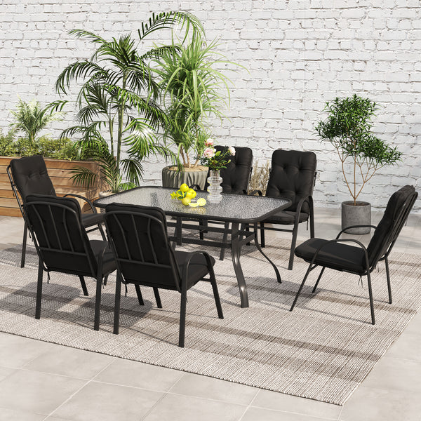 7 Pieces Garden Dining Set, Outdoor Rectangular Dining Table and 6 Cushioned Armchairs, Tempered Glass Top Table w/ Umbrella Hole, Texteline Seats, Black