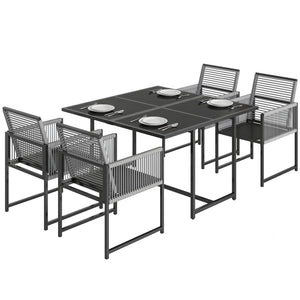 5 Pieces Garden Dining Set, Outdoor Patio Cube Set, 4 Seater Outdoor Table and Chairs with Foldable Backrest, Tempered Glass Top, Space-Saving, Light Grey