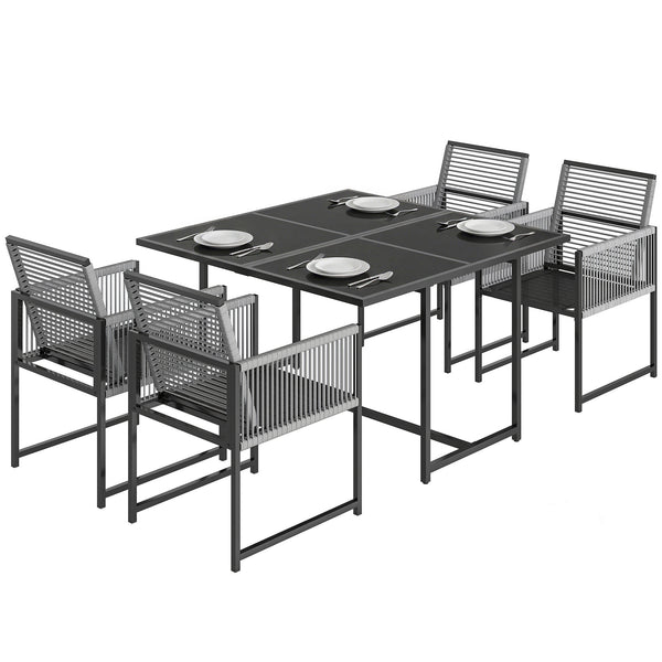 5 Pieces Garden Dining Set, Outdoor Patio Cube Set, 4 Seater Outdoor Table and Chairs with Foldable Backrest, Tempered Glass Top, Space-Saving, Light Grey