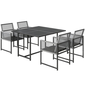 5 Pieces Garden Dining Set, Outdoor Patio Cube Set, 4 Seater Outdoor Table and Chairs with Foldable Backrest, Tempered Glass Top, Space-Saving, Light Grey