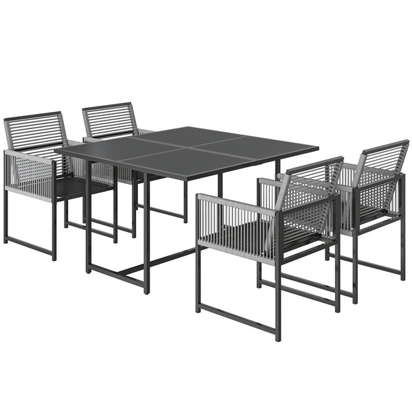 5 Pieces Garden Dining Set, Outdoor Patio Cube Set, 4 Seater Outdoor Table and Chairs with Foldable Backrest, Tempered Glass Top, Space-Saving, Light Grey
