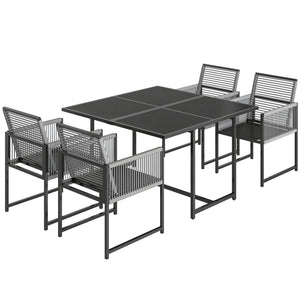 5 Pieces Garden Dining Set, Outdoor Patio Cube Set, 4 Seater Outdoor Table and Chairs with Foldable Backrest, Tempered Glass Top, Space-Saving, Light Grey