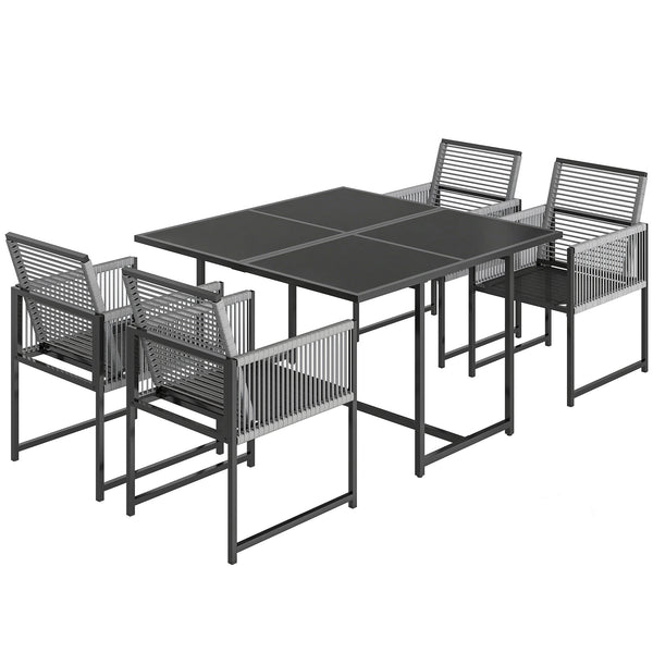 5 Pieces Garden Dining Set, Outdoor Patio Cube Set, 4 Seater Outdoor Table and Chairs with Foldable Backrest, Tempered Glass Top, Space-Saving, Light Grey