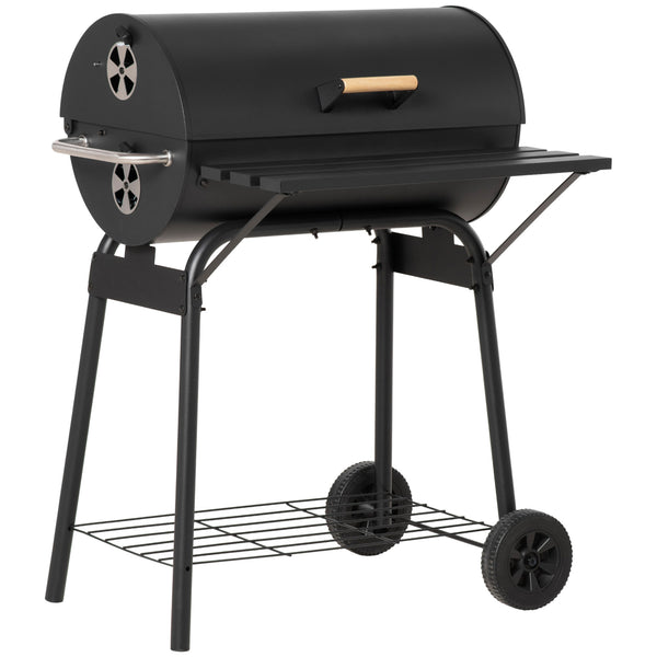 30" Portable Barrel Charcoal BBQ Grill with 370 Square Inches Cooking Space & Storage Shelf for Garden Camping Picnic, Black