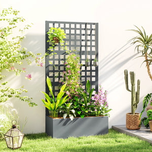 Galvanized Raised Garden Bed with Trellis, 35"x16"x70" Metal Planter Box with Drainage Holes, Outdoor Privacy Screen for Climbing Plant Vegetable Vine, Grey Wood Effect