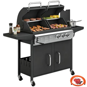 2+1 Burner Hybrid Dual Fuel BBQ Gas Grill, 2-in-1 Portable Propane & Charcoal Barbecue Grill Smoker Combo with Wheels, Warming Rack, Built-in Thermometer, Side Shelves, Cabinet, Lid, Black
