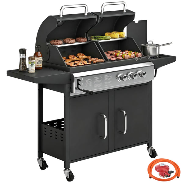 2+1 Burner Hybrid Dual Fuel BBQ Gas Grill, 2-in-1 Portable Propane & Charcoal Barbecue Grill Smoker Combo with Wheels, Warming Rack, Built-in Thermometer, Side Shelves, Cabinet, Lid, Black