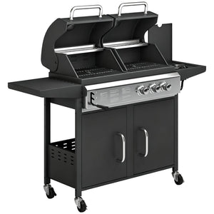 2+1 Burner Hybrid Dual Fuel BBQ Gas Grill, 2-in-1 Portable Propane & Charcoal Barbecue Grill Smoker Combo with Wheels, Warming Rack, Built-in Thermometer, Side Shelves, Cabinet, Lid, Black