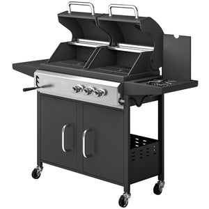 2+1 Burner Hybrid Dual Fuel BBQ Gas Grill, 2-in-1 Portable Propane & Charcoal Barbecue Grill Smoker Combo with Wheels, Warming Rack, Built-in Thermometer, Side Shelves, Cabinet, Lid, Black