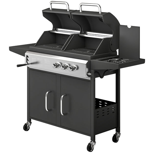 2+1 Burner Hybrid Dual Fuel BBQ Gas Grill, 2-in-1 Portable Propane & Charcoal Barbecue Grill Smoker Combo with Wheels, Warming Rack, Built-in Thermometer, Side Shelves, Cabinet, Lid, Black