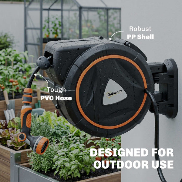 Retractable Hose Reel Wall Mounted, 28+2m Garden Hose Pipe Reel with Auto Retraction, Self-Locking, Slow Return System, 180° Swivel Bracket, 12-Pattern Nozzles and Faucet Adaptor, Orange
