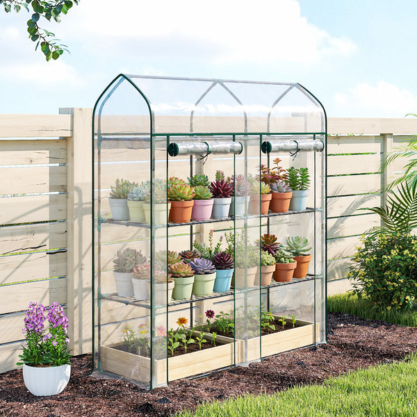 3 Tier Mini Greenhouse, 56.3" x 18.1" x 65" Small Portable Greenhouse with 2 Roll-up Doors, Garden Plant Growhouse with PVC Cover for Indoor Outdoor, Clear