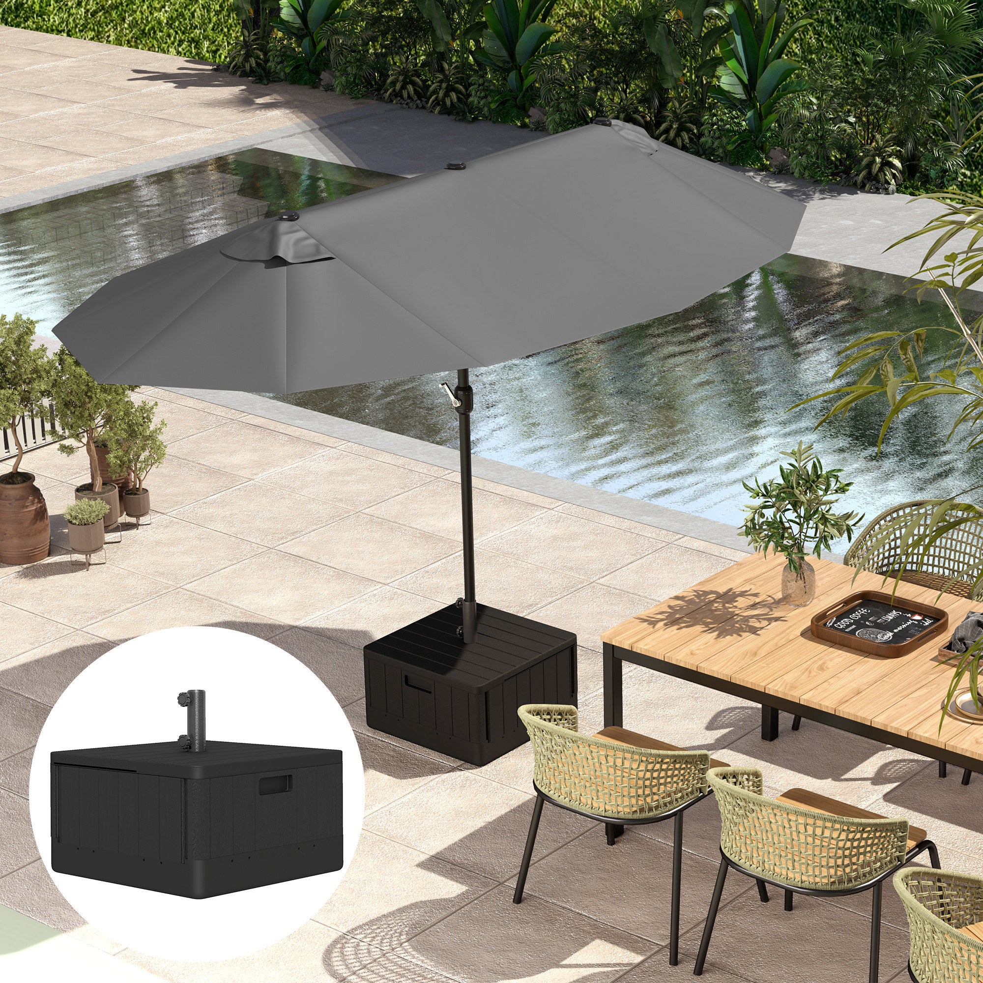 Outsunny Garden Parasol Base for 38, 48 mm Poles, 80kg Sand or 50kg Water Can Be Filled, Black