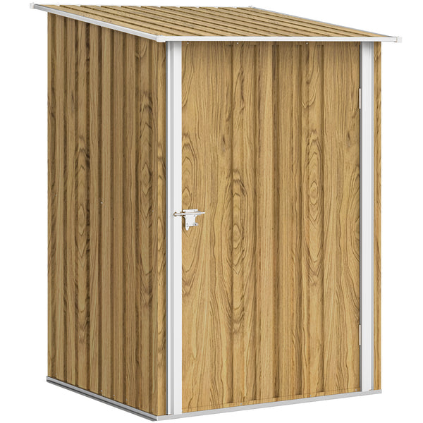 3' x 3' Lean-to Garden Storage Shed, Outdoor Galvanized Steel Tool House with Lockable Door for Patio, Backyard Lawn, Light Brown Wood Effect