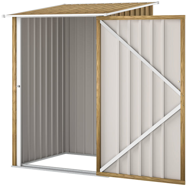 3' x 3' Lean-to Garden Storage Shed, Outdoor Galvanized Steel Tool House with Lockable Door for Patio, Backyard Lawn, Light Brown Wood Effect