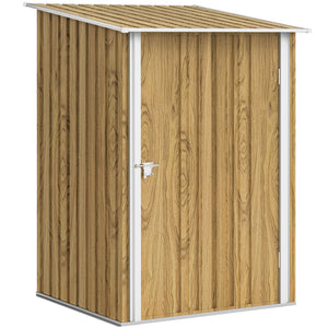 3' x 3' Lean-to Garden Storage Shed, Outdoor Galvanized Steel Tool House with Lockable Door for Patio, Backyard Lawn, Light Brown Wood Effect