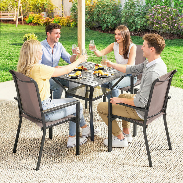 5 Pieces Garden Dining Set for 4, Patio Table and Stackable Chairs with Breathable Mesh Seat and Parasol Hole, Garden Furniture Set with Steel Frame for Garden, Grey and Khaki