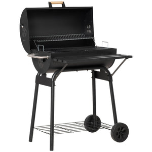 30" Portable Barrel Charcoal BBQ Grill with 370 Square Inches Cooking Space & Storage Shelf for Garden Camping Picnic, Black