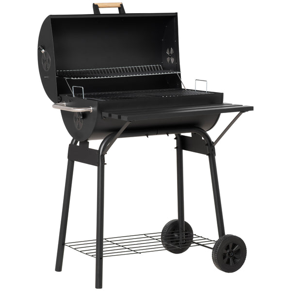 30" Portable Barrel Charcoal BBQ Grill with 370 Square Inches Cooking Space & Storage Shelf for Garden Camping Picnic, Black