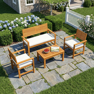 4 Seater Wooden Garden Furniture Set with Loveseat, 2 Armchairs, Wood-Top Table, Acacia Wood Garden Sofa Set with Cushions, Outdoor Furniture Conversation Sets, Cream White